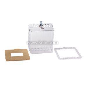 Transparent box with slotted vents and a beige frame that screws to the wall; used to shield a thermostat.