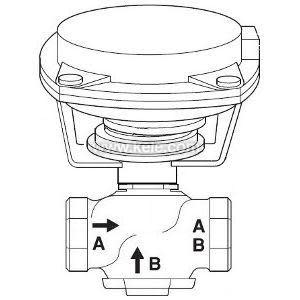 A simple black‑and‑white schematic of a valve and actuator assembly; arrows indicate flow direction between labeled ports A and B.