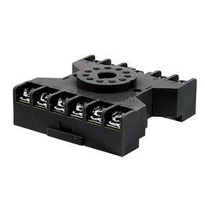 Black plastic relay socket with screw terminals arranged around a central cavity