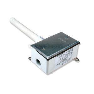 Compact sensor assembly with a rectangular metal housing and a long white cylindrical probe extending horizontally