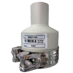 White cylindrical unit labelled 'Vaisala' mounted on a shiny metal clamp with screws and bolts