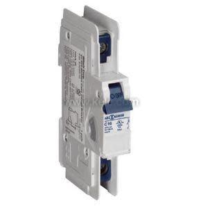 Thin white circuit breaker with blue lever on front for ON/OFF
