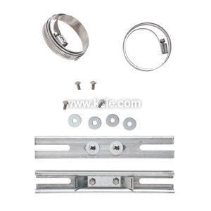 Components of a mounting kit consisting of two circular metal clamps, several screws and washers, and two elongated metal brackets with slots, displayed on a white background.
