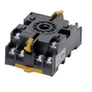 Square black electrical socket with multiple screw terminals and a small yellow latch on top