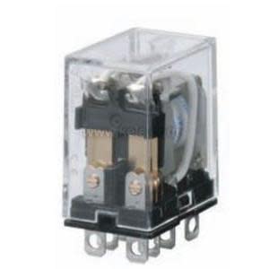 Compact clear‑cased relay revealing coil and contact blocks; black base with multiple blade terminals.
