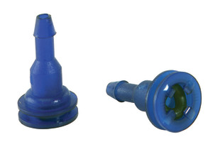 Two small blue plastic connectors; one stands upright showing a tapered barbed stem and flanged base, the other lies on its side revealing an open star‑shaped opening