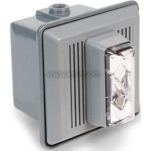 Red rectangular box with transparent cover and internal strobe light along with side-mounted horn.