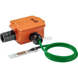 Orange rectangular housing attached to a long green cable that ends in a flat strip.