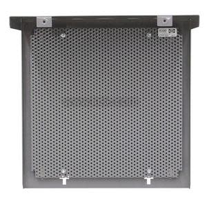 A square grey plastic cover with an extended hood and a perforated metal panel mounted inside; used to shield equipment while allowing airflow, displayed on a white background