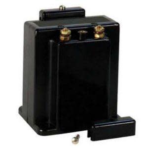 Chunky black device with a U-shaped opening and two brass screw connectors on top.