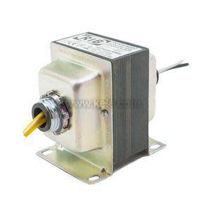 Medium-sized transformer with steel housing and color-coded wires.