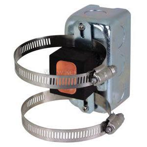Metal pipe strap with attached junction box and screw clamps.