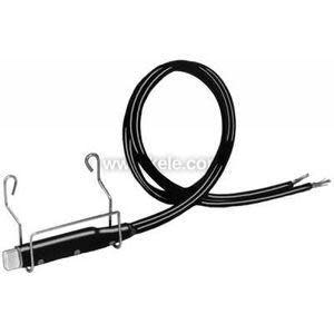 Long black cable attached to a small sensor with a metal clip for hanging, with bare wire ends.