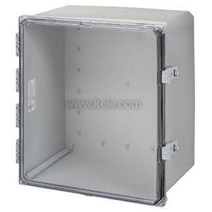 Square gray housing with a transparent cover hinged on one side and two latches on the opposite side, isolated on white.