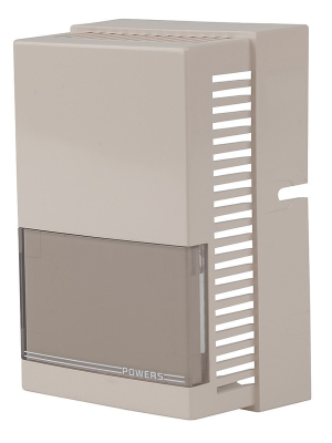 Beige vented wall housing with slotted sides and smoke-colored bottom window labeled Powers