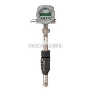 Long flow sensor with a grey round display unit on top showing readings and a slender stainless probe with a black handle section