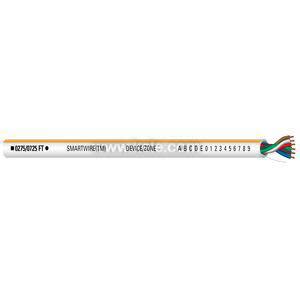 A thin white sensor rod with a beige stripe and printed letters and numbers, ending in multi‑colored wires.