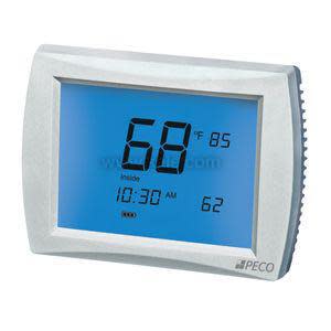 Rectangular wall thermostat with a bright blue screen showing a temperature of 68°F and other smaller readings, housed in a pale frame.