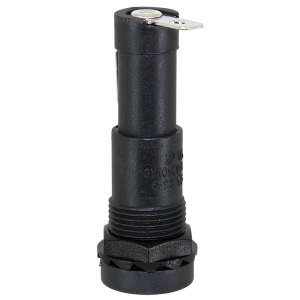 Long black cylindrical electrical component with a threaded mounting section and a metal terminal lug at the top, used for holding a fuse.
