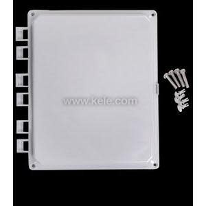 A flat grey enclosure cover with hinge tabs along one side, accompanied by a set of screws and brackets.