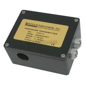 Black rectangular metal pressure transmitter with yellow label and two threaded cable connectors