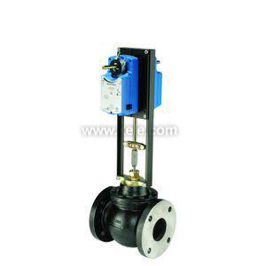 Black flanged globe valve with open cage and beige actuator