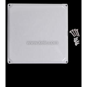 A square gray panel viewed from above with four mounting holes at the corners and separate screws to the right, on a black background.