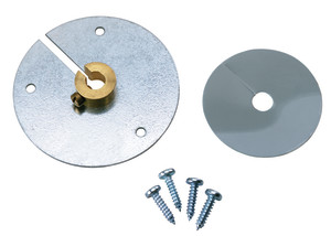 Two round slotted plates, one with brass insert, and four screws.