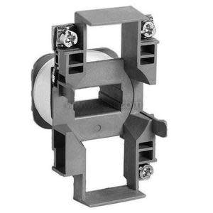 Image of a grey plastic mounting bracket with a square open center and two metal screws at the top and bottom, used to secure electrical devices.