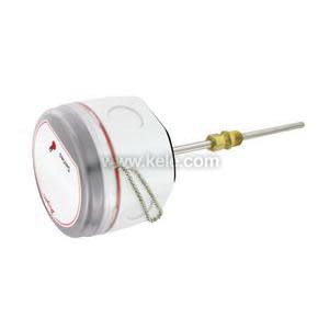 Round white sensor housing with clear lens and a long metal rod protruding from one side.