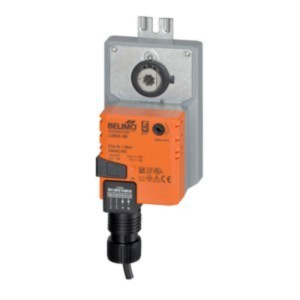 Photo of an orange and grey Belimo rotary actuator for valves, featuring a round gear coupler on top and a cable connector at the bottom.