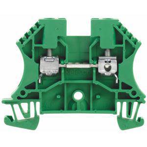 Green two‑pole DIN terminal block with screws.