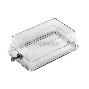 Transparent rectangular protective cover with lockable latch used to shield thermostats or switches