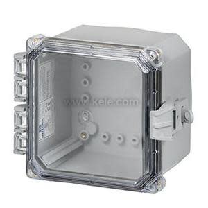 Small grey enclosure with clear hinged lid and latch on the side.