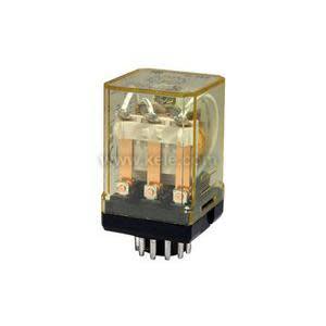 Clear relay with copper coil and terminals inside yellow plastic case