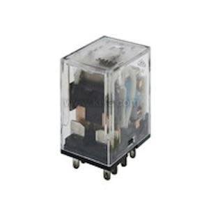 Transparent cube relay showing coil and contacts with black base pins.