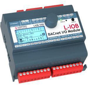 Grey BACnet I/O module labelled LiOB‑550 featuring a digital screen and red terminal blocks along the bottom.
