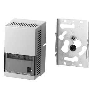 A small rectangular thermostat with vents and a small temperature gauge window, placed next to a flat metal mounting plate with screw holes.