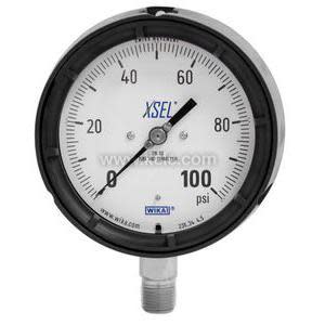 Pressure gauge with white face reading up to 100 psi