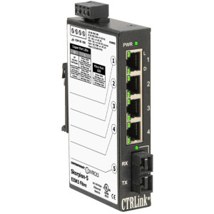 Black network switch with four Ethernet jacks, two small fiber ports labelled RX and TX and green indicator LEDs