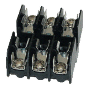 Black plastic fuse block with six shiny metal fuse clips arranged in two rows, each with a screw for securing the fuse