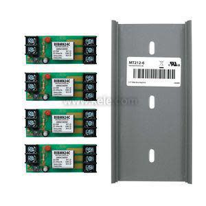 Set of four small green electronic modules with LEDs and terminals next to a grey slotted rail.