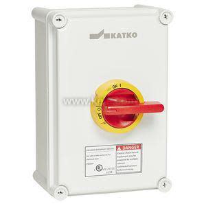 A rectangular light gray enclosure with a large red lever set in a yellow circle on the front.