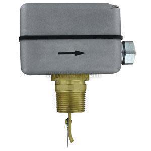 Gray rectangular flow switch with arrow on side, brass male fitting and thin paddle.