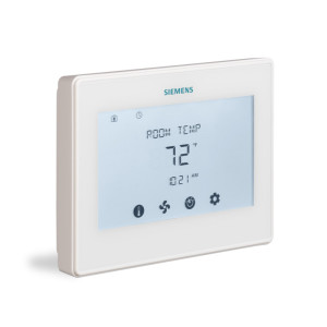 Modern white thermostat with rectangular screen displaying room temperature and small control icons.
