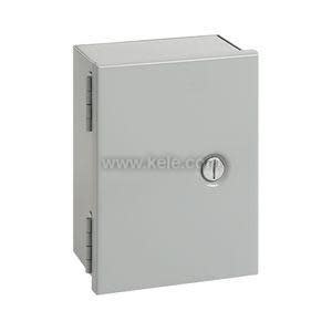 Rectangular grey metal box with a hinged front and a round key lock on the door.