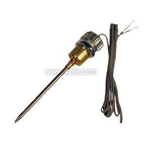 A slender pointed brass temperature probe attached to a metal compression fitting with grey wires extending from the top