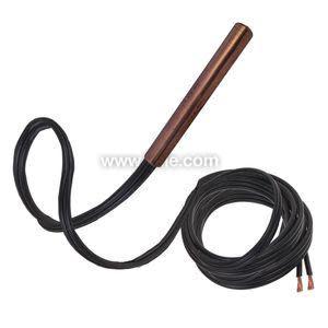 Slim copper rod connected to a long coiled black cable with two stripped wire ends.