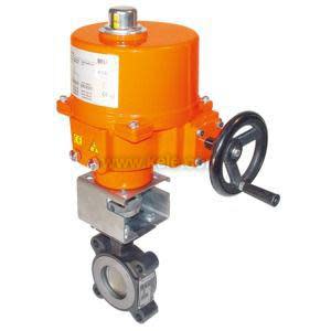 Butterfly valve with large orange actuator and handwheel on the side