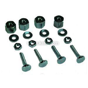 Assorted shiny metal hardware pieces including four screws, nuts and washers.